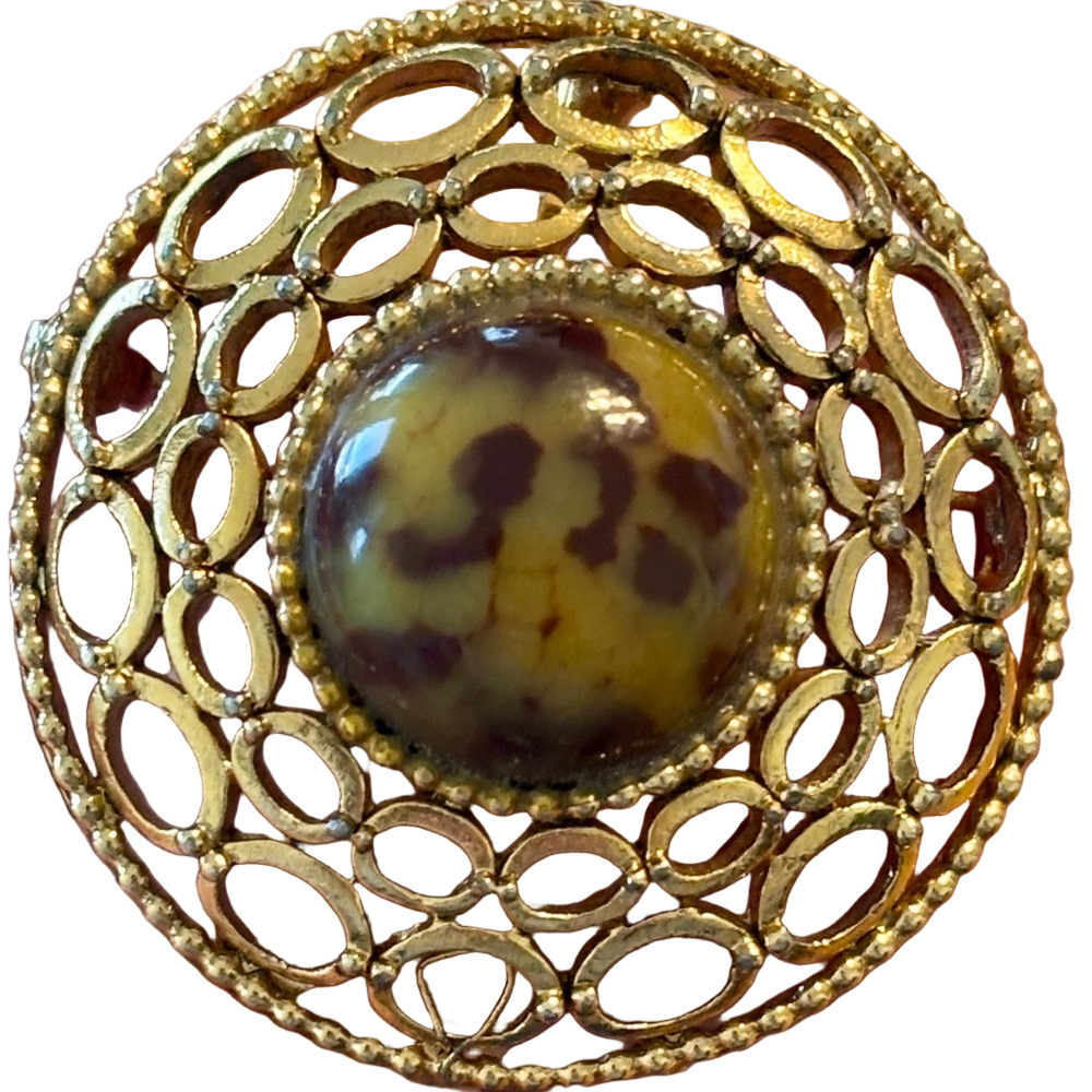 Vintage Celebrity Gold Toned and Brown Art Glass Brooch/Pendant